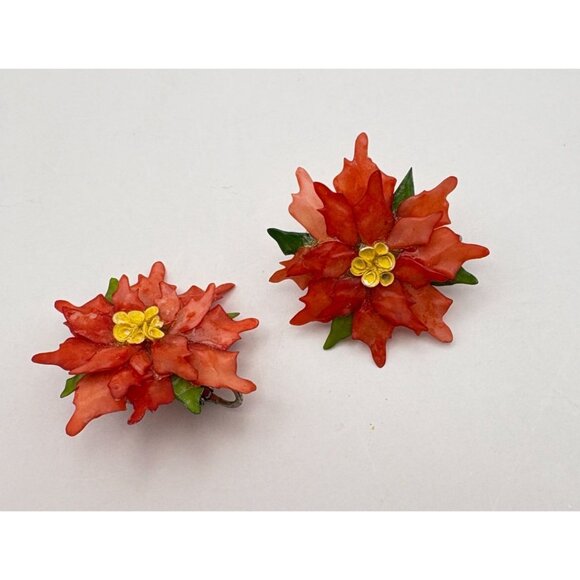 Vintage Poinsettia Earrings Clip-On Floral Red Flower 1950s Holiday Jewelry - Picture 5 of 6